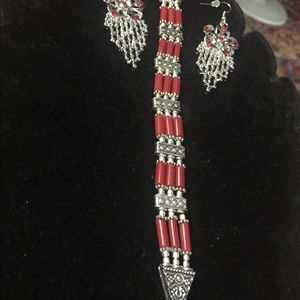 Sterling Silver Coral Bracelet with Earrings